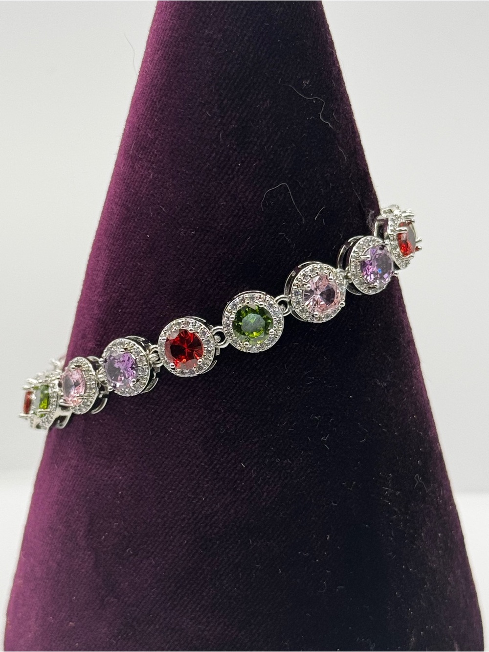Multi-Color Stones Silver Tennis Bracelet - Purple, Red & Green